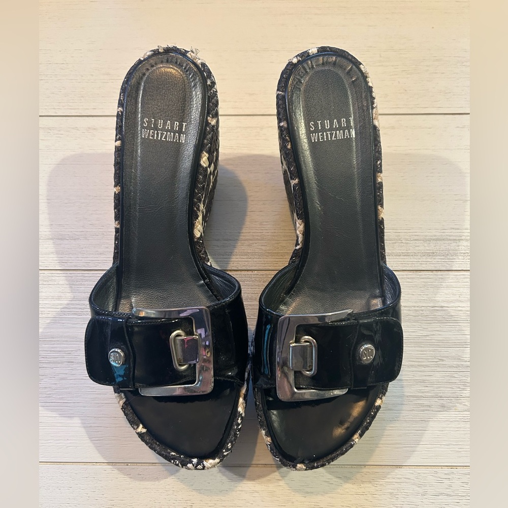 Stuart Weitzman Black Patterned Leather Women's Platform Wedge Sandals